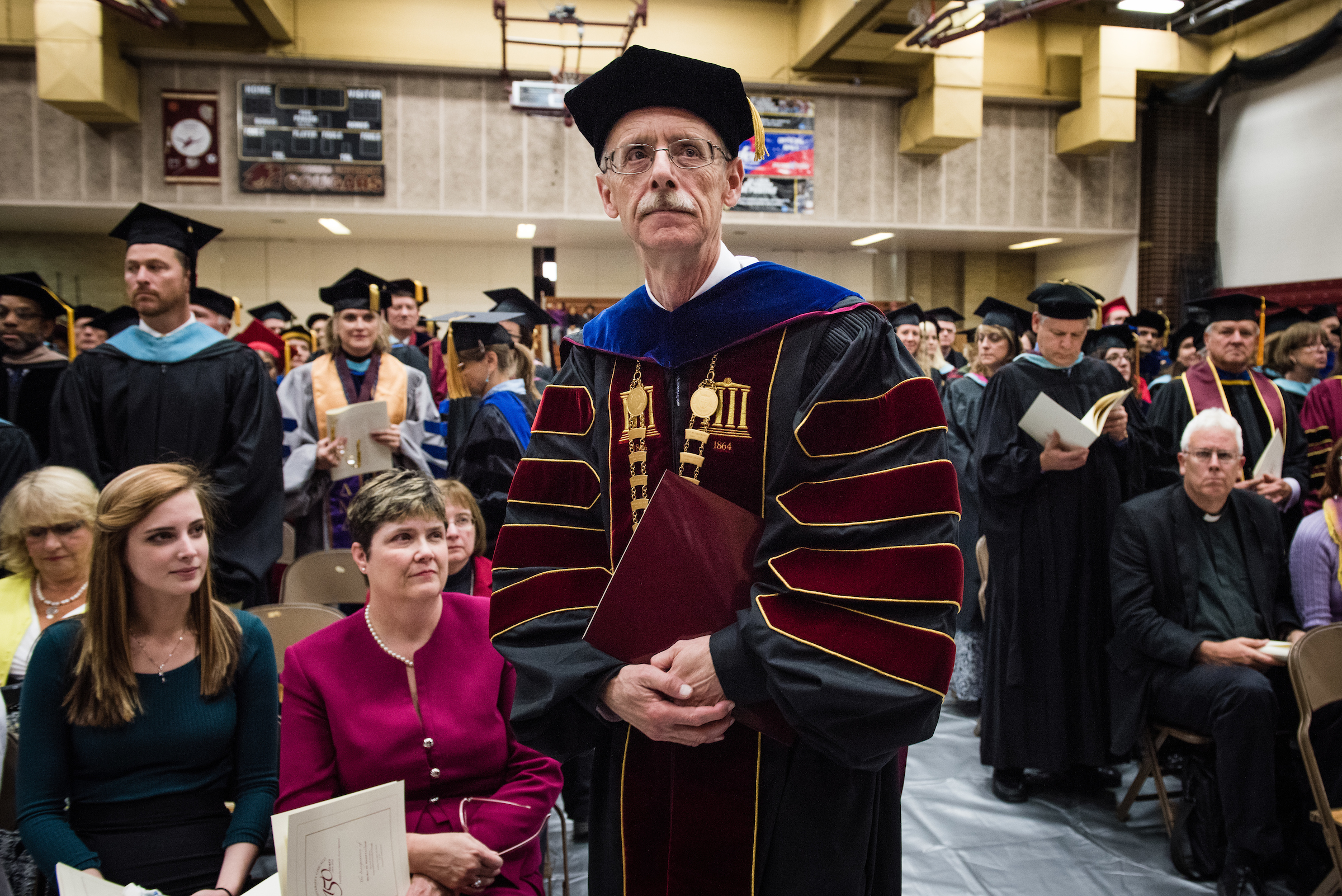 The Rev. Dr. Daniel Lee Gard, president of Concordia University Chicago, walks in a procession at the beginning of his inauguration at the college in River Forest, Ill., on Friday, Oct. 10, 2014. LCMS Communications/Erik M. Lunsford
