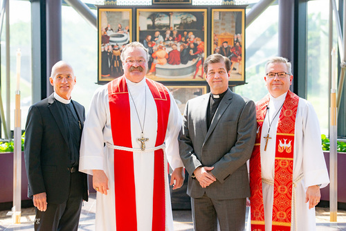 Group portrait of (L-R) the Rev. Steven Briel, chairman of the LCMS Board of National Mission, the Rev. Dr. Matthew C. Harrison, president of the LCMS, the Rev. Robert Zagore, executive director in the LCMS Office of National Mission, and the Rev. Kevin D. Robson, chief mission officer of the LCMS, in the chapel of the International Center of The Lutheran ChurchMissouri Synod on Wednesday, May 30, 2018, in St. Louis. LCMS Communications/Erik M. Lunsford