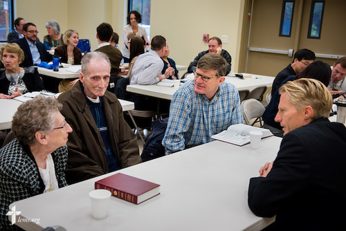 The Rev. Tim Droegemueller (right), senior pastor, chats with (L-R) Marie Inman, her husband George, and Kevin Grill, during fellowship at Bible study on Sunday, Nov. 23, 2014, at Living Faith Lutheran Church in Cumming, Ga. LCMS Communications/Erik M. Lunsford