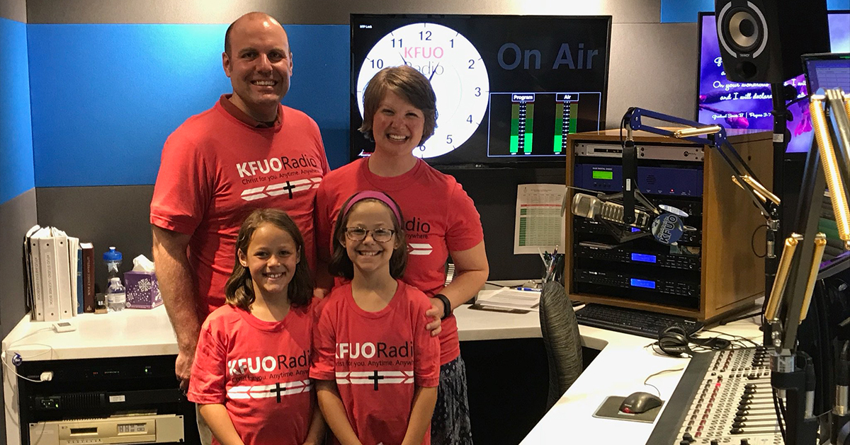 Picture: Rev. Michael and Katie Schuermann visit the KFUO Studios with their goddaughters Olivia and Lydia Brown. Used with permission.