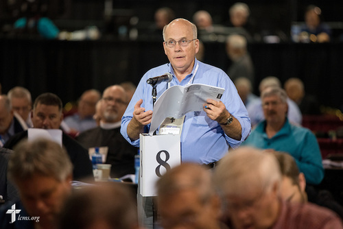 Russ Boraas, a lay voting delegate from LCMS Southeastern District, speaks Wednesday, July 13, 2016, at the 66th Regular Convention of The Lutheran Church–Missouri Synod, in Milwaukee. LCMS/Frank Kohn