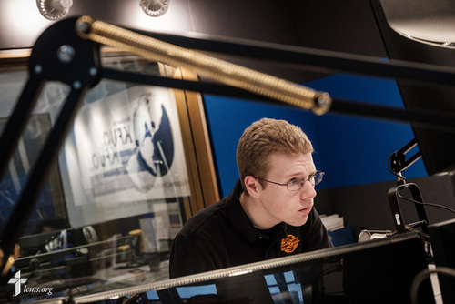 Young Adult Corps participant Raymond Shaver (left) works at KFUO Radio on Thursday, April 19, 2018, at the radio station in the International Center of The Lutheran Church–Missouri Synod in St. Louis. LCMS Communications/Erik M. Lunsford