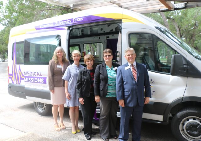 Concordia Texas representatives stand in front of the new Mobile Medical Missions van to be used with CTX's nursing program. Used with permission