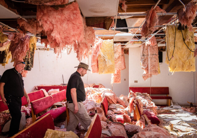 The Rev. Eric C. Johnson, president of the LCMS Southern District, and the Rev. Michael Meyer, manager of LCMS Disaster Response, survey the catastrophic damage from Hurricane Michael to Redemption Lutheran Church, Panama City, Fla., on Monday, Oct. 15, 2018. LCMS Communications/Erik M. Lunsford