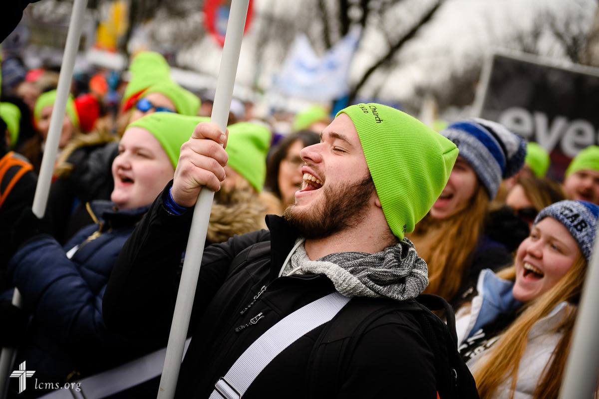 Charlie McLain, student at Concordia University Chicago, holds a sign while marching during the March for Life 2019 on Friday, Jan. 18, 2019, in Washington, D.C. LCMS Communications/Erik M. Lunsford