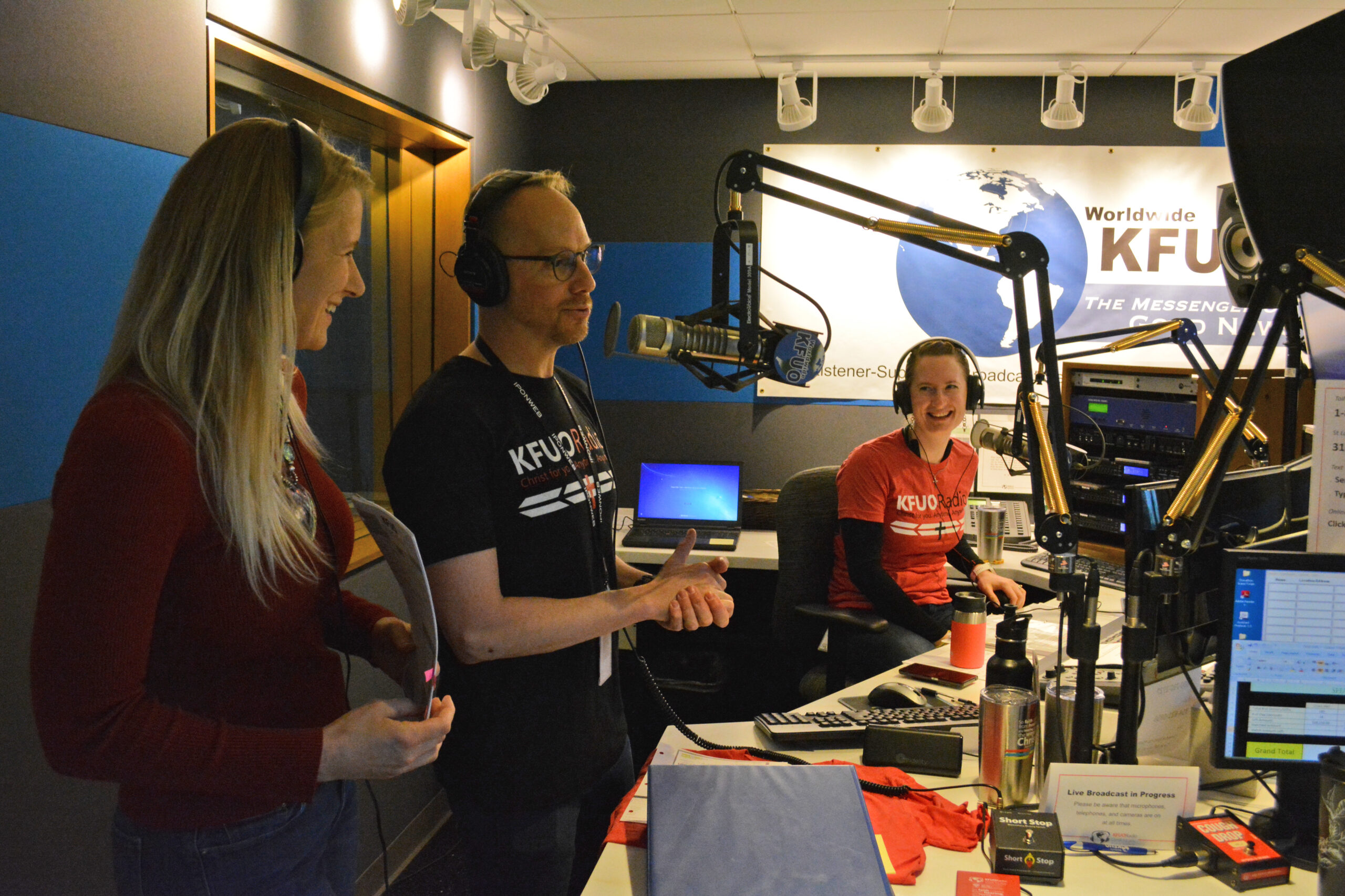 Mary Schmidt, Andy Bates, and Sarah Gulseth engage listeners during Sharathon 2018.