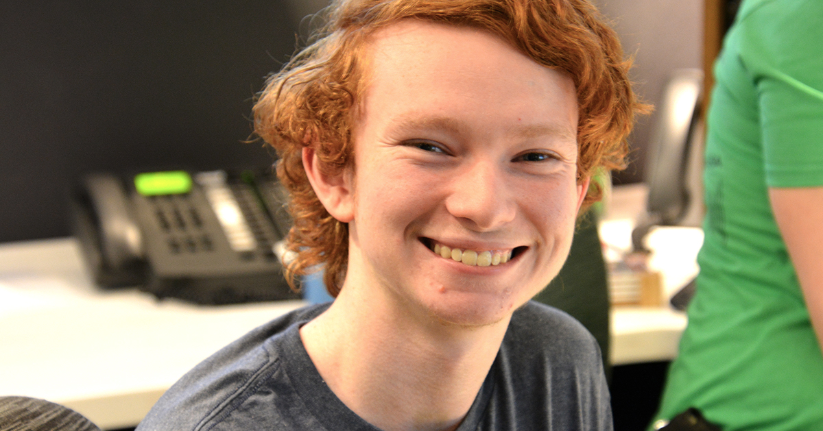 Ian Burger, 2019 Lutheran Young Adult Corps volunteer with KFUO Radio, in studio during Sharathon 2019.