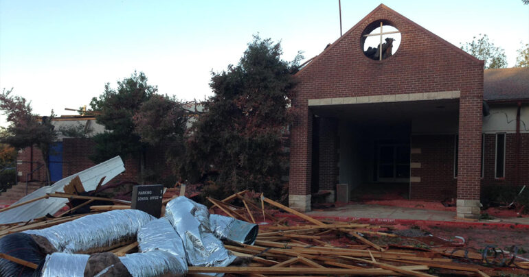 An Oct. 21 photo of Dallas Lutheran School displays damage from a tornado that struck the school on Oct. 20. (Dallas Lutheran School/Chris Wondoloski)