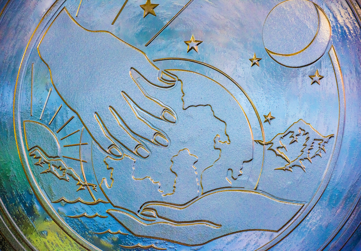 Stained glass relief depicting creation (Genesis 1:1) on Wednesday, Jan. 9, 2019, at Grace Lutheran Church, Grass Valley, Calif. LCMS Communications/Erik M. Lunsford