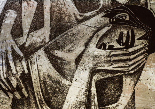 Stained glass from artwork titled “The Holy Christian Church” at Zion Lutheran Church, Belleville, Ill., on Wednesday, Feb. 10, 2021. LCMS Communications/Erik M. Lunsford