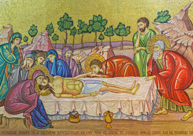 Jerusalem - The mosaic of Anointing scene over Stone of Anointing in Church of the Holy Sepulchre by italian artists of 70s years.