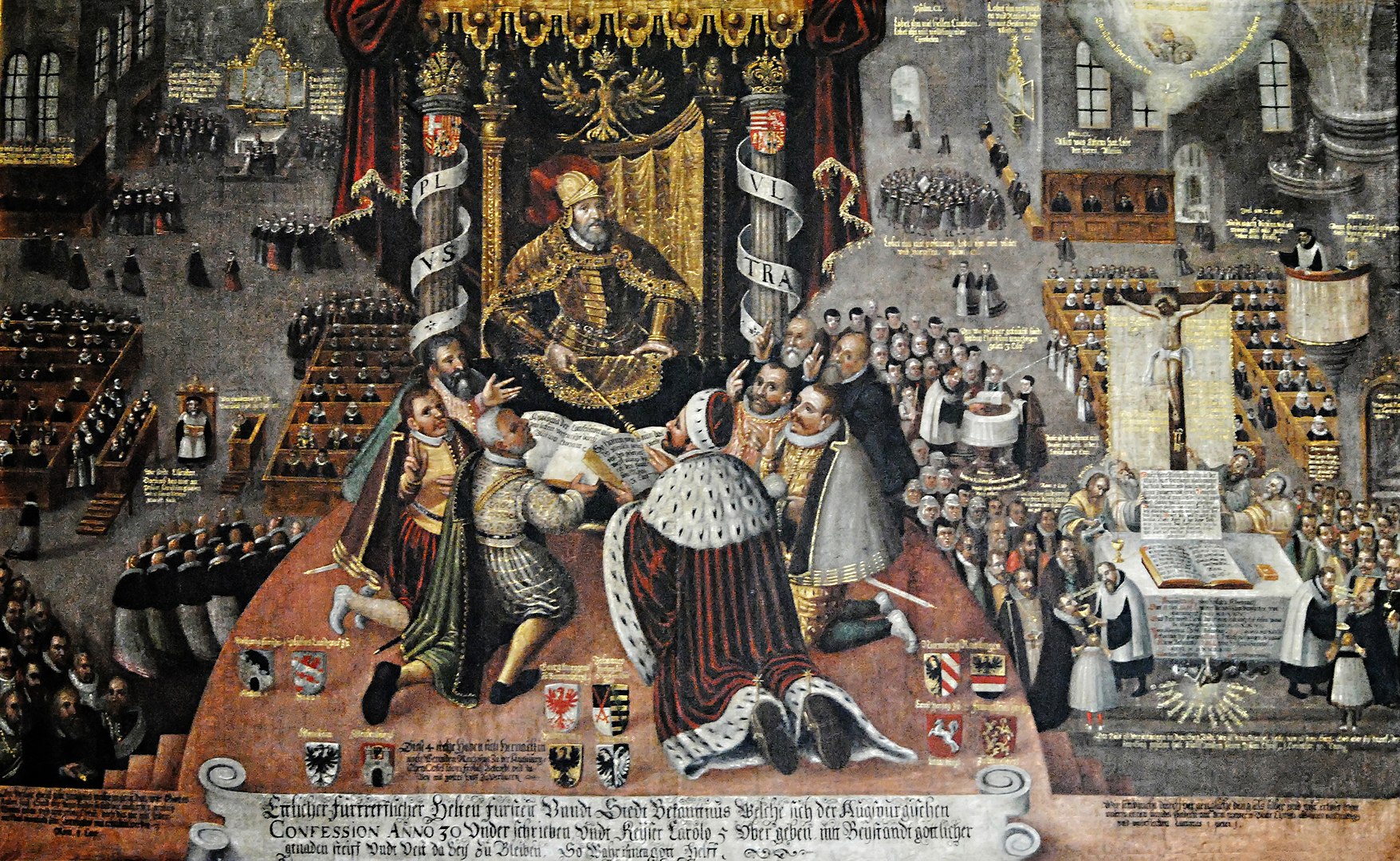 Konfessionsbild, "Presentation of the Augsburg Confession", St. Johannis, Schweinfurt. By MonandowitschDerivative work MagentaGreen - This file was derived from: Johanniskirche 2 001.JPG:, CC BY-SA 3.0