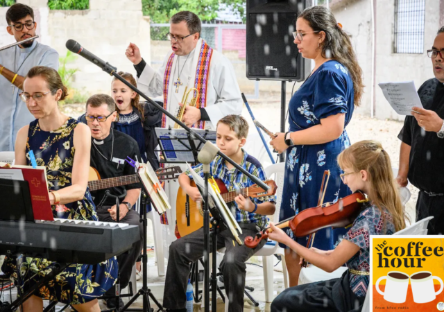 The Rev. Ted Krey, regional director for the Latin America and the Caribbean region of the LCMS, leads his family in music on Friday, May 27, 2022, during the Servicio de Graduación (Service of Graduation) and Simposio De Teología Luterana Confesional (Confessional Lutheran Theology Symposium) at the Centro De Misericordia y Seminario Concordia El Reformador (Concordia the Reformer Lutheran Seminary and Mercy Center) in Palmar Arriba, Dominican Republic. LCMS Communications/Erik M. Lunsford